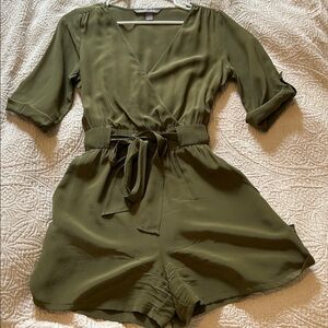 Charlie Jade Sage Green SILK belted romper with v-neck